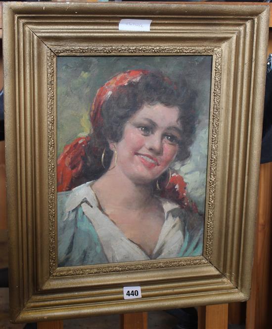 Oil on board, Gypsy girl with red scarf